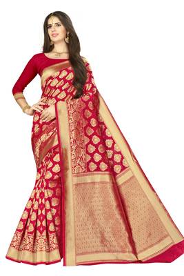 Red woven banarasi silk saree with blouse 1