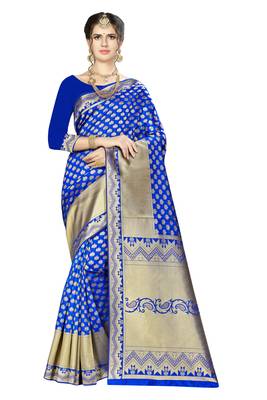 Blue woven banarasi silk saree with blouse 1