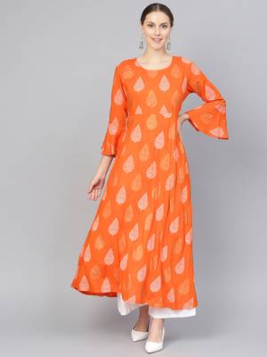 Orange printed Rayon kurti 1