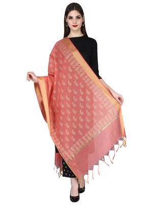 Pink Gold Block Print Chanderi Cotton Silk Dupatta 1
