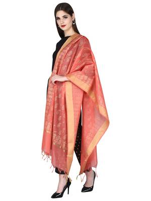 Pink Gold Block Print Chanderi Cotton Silk Dupatta 3