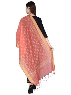 Pink Gold Block Print Chanderi Cotton Silk Dupatta 4