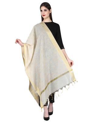 Beige Gold Block Print Chanderi Cotton Silk Dupatta 1