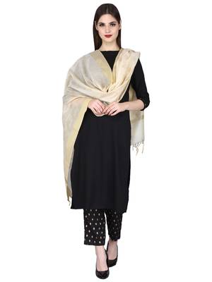 Beige Gold Block Print Chanderi Cotton Silk Dupatta 2