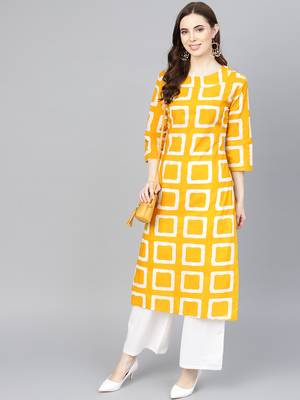 Yellow printed Cotton kurti 3