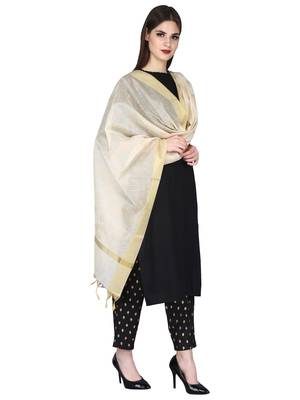 Beige Gold Block Print Chanderi Cotton Silk Dupatta 3