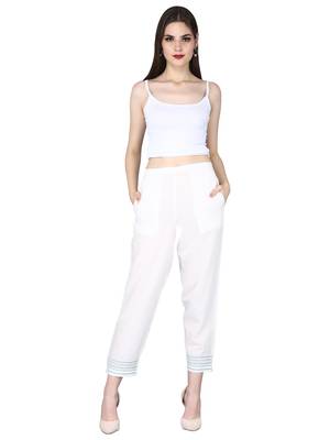 White Pure Cotton Plain Pants with Embrodiery at Ankle 1