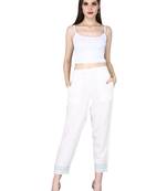 White Pure Cotton Plain Pants with Embrodiery at Ankle