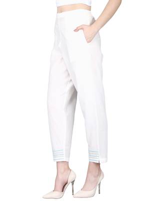White Pure Cotton Plain Pants with Embrodiery at Ankle 2