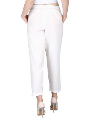 White Pure Cotton Plain Pants with Embrodiery at Ankle 3