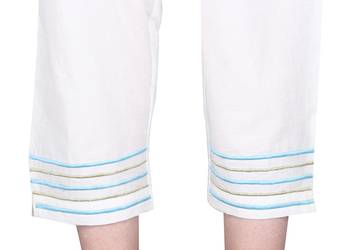 White Pure Cotton Plain Pants with Embrodiery at Ankle 5