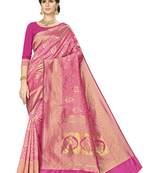 Pink woven banarasi silk saree with blouse