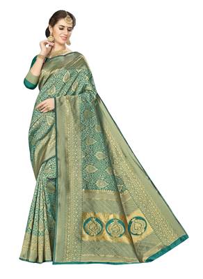 Green woven banarasi silk saree with blouse 1