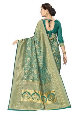 Green woven banarasi silk saree with blouse 2