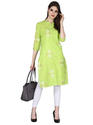 green Pure Cotton Classy Gold Print Collar Neck Calf Long Kurta 1