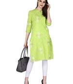 green Pure Cotton Classy Gold Print Collar Neck Calf Long Kurta