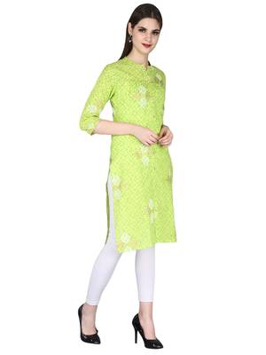 green Pure Cotton Classy Gold Print Collar Neck Calf Long Kurta 2