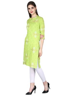 green Pure Cotton Classy Gold Print Collar Neck Calf Long Kurta 3