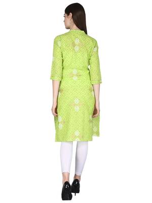 green Pure Cotton Classy Gold Print Collar Neck Calf Long Kurta 4