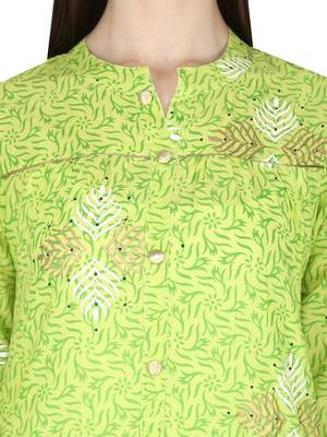 green Pure Cotton Classy Gold Print Collar Neck Calf Long Kurta 5