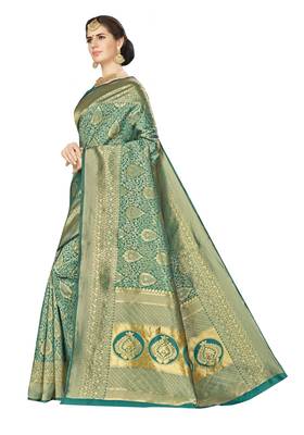 Green woven banarasi silk saree with blouse 5