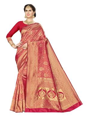 Red woven banarasi silk saree with blouse 1