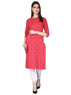 red Pure Cotton Floral Pattern Round Neck Calf Long Kurta 1