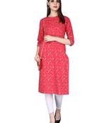 red Pure Cotton Floral Pattern Round Neck Calf Long Kurta