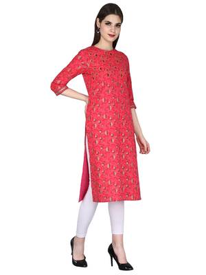 red Pure Cotton Floral Pattern Round Neck Calf Long Kurta 2