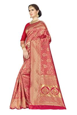 Red woven banarasi silk saree with blouse 5