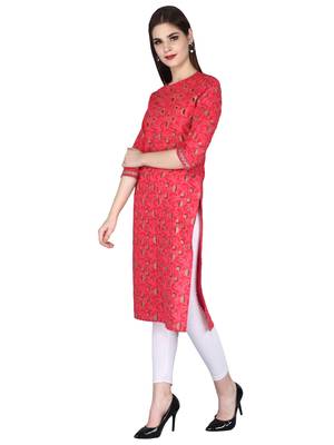 red Pure Cotton Floral Pattern Round Neck Calf Long Kurta 3