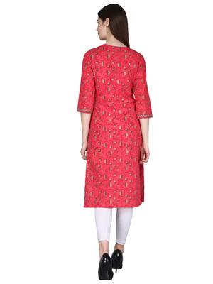 red Pure Cotton Floral Pattern Round Neck Calf Long Kurta 4
