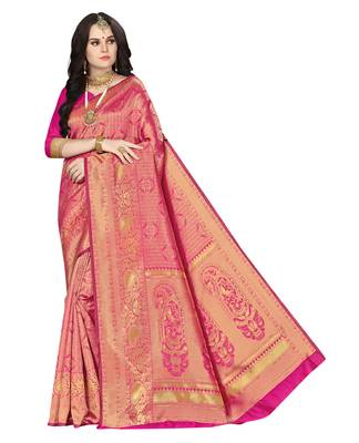 Pink woven banarasi silk saree with blouse 1
