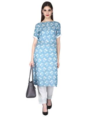 blue Rayon Printed Boat Neck with Potli Button Ethnic Set 1