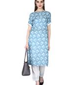 blue Rayon Printed Boat Neck with Potli Button Ethnic Set