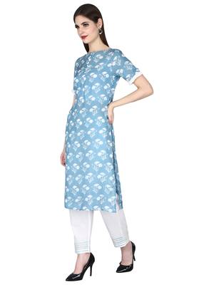 blue Rayon Printed Boat Neck with Potli Button Ethnic Set 2
