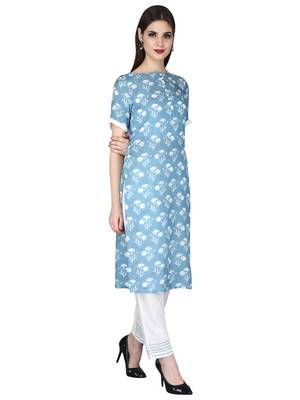 blue Rayon Printed Boat Neck with Potli Button Ethnic Set 3