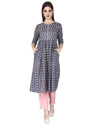 grey Pure Cotton Discharge Print Round Neck Ethnic Set 1