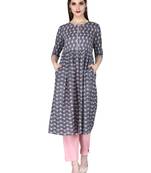 grey Pure Cotton Discharge Print Round Neck Ethnic Set