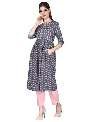 grey Pure Cotton Discharge Print Round Neck Ethnic Set 2