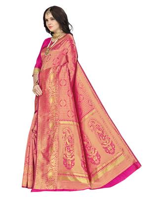 Pink woven banarasi silk saree with blouse 5