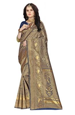 Navy blue woven banarasi silk saree with blouse 1