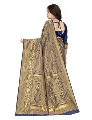 Navy blue woven banarasi silk saree with blouse 2