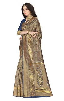 Navy blue woven banarasi silk saree with blouse 5