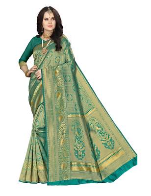 Green woven banarasi silk saree with blouse 1