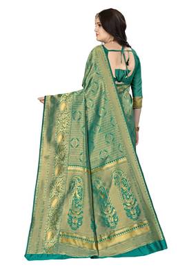 Green woven banarasi silk saree with blouse 2