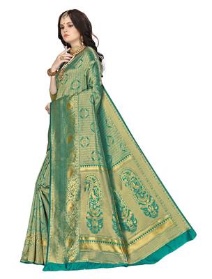 Green woven banarasi silk saree with blouse 5