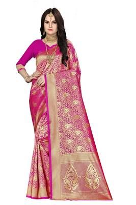 Pink woven banarasi silk saree with blouse 1