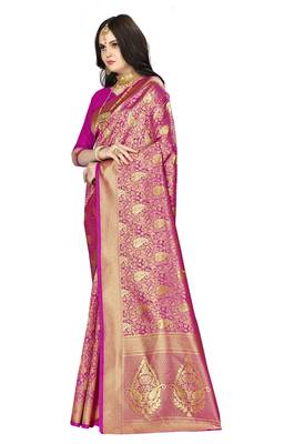 Pink woven banarasi silk saree with blouse 5