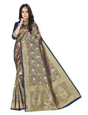 Navy blue woven banarasi silk saree with blouse 1